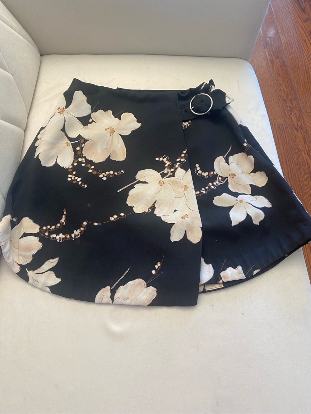 Floral Wrap Mini Skirt with Buckle in Black and Cream